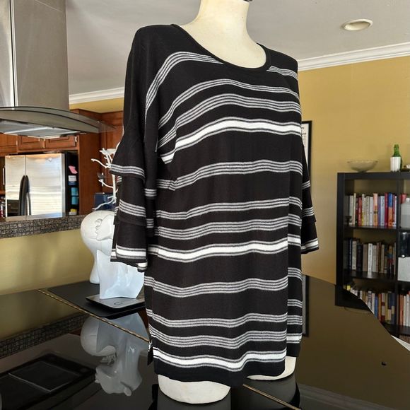 Calvin Klein Black & White Stripe Ruffled Bell Sleeve Scoop Neck Tunic Sweater - Picture 5 of 12